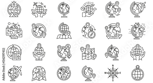 A collection of travel icons. Globes, maps, and planes.