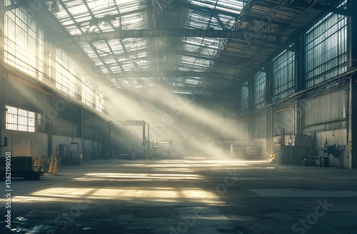 Sunbeams Illuminate Empty Industrial Warehouse Interior