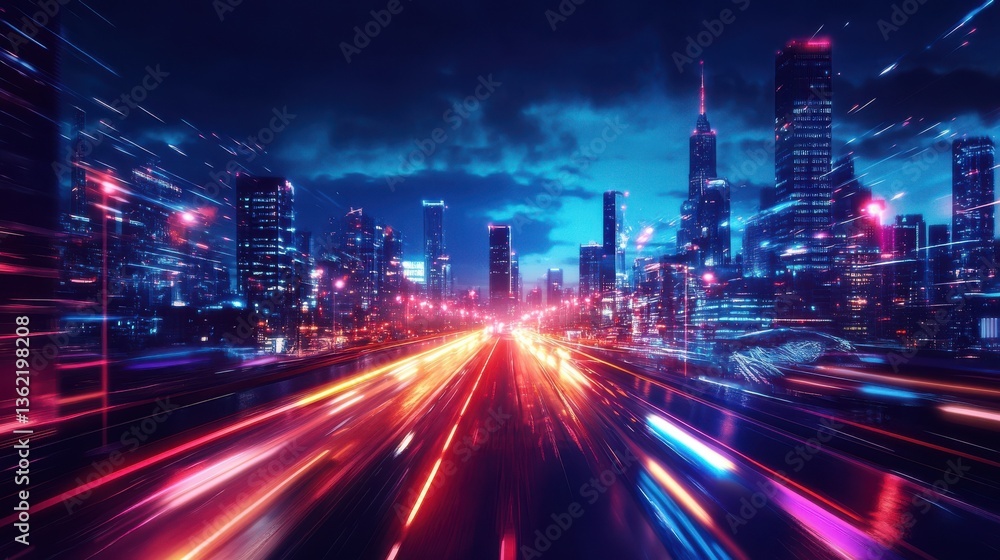 Obraz premium An urban road illuminated with glow lights paving the way to the year 2025, capturing the essence of futuristic growth, speed, and the ever-evolving urban landscape. illustration