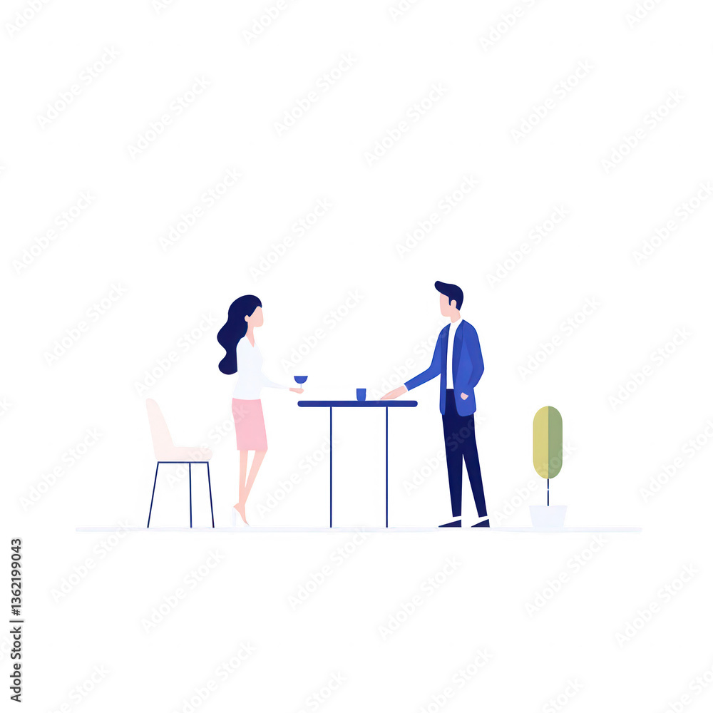 A man and woman engaged in a business meeting, discussing ideas over a table. The scene features modern elements, including a chair, a plant, and cups on the table. A man and woman engaged in a business meeting, discussing ideas over a table. The scene features modern elements, including a chair, a plant, and cups on the table.