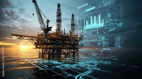 Offshore oil and gas production platform operating at sunset with a digital technology blueprint overlay  showcasing the advanced engineering and analytics involved in energy extraction