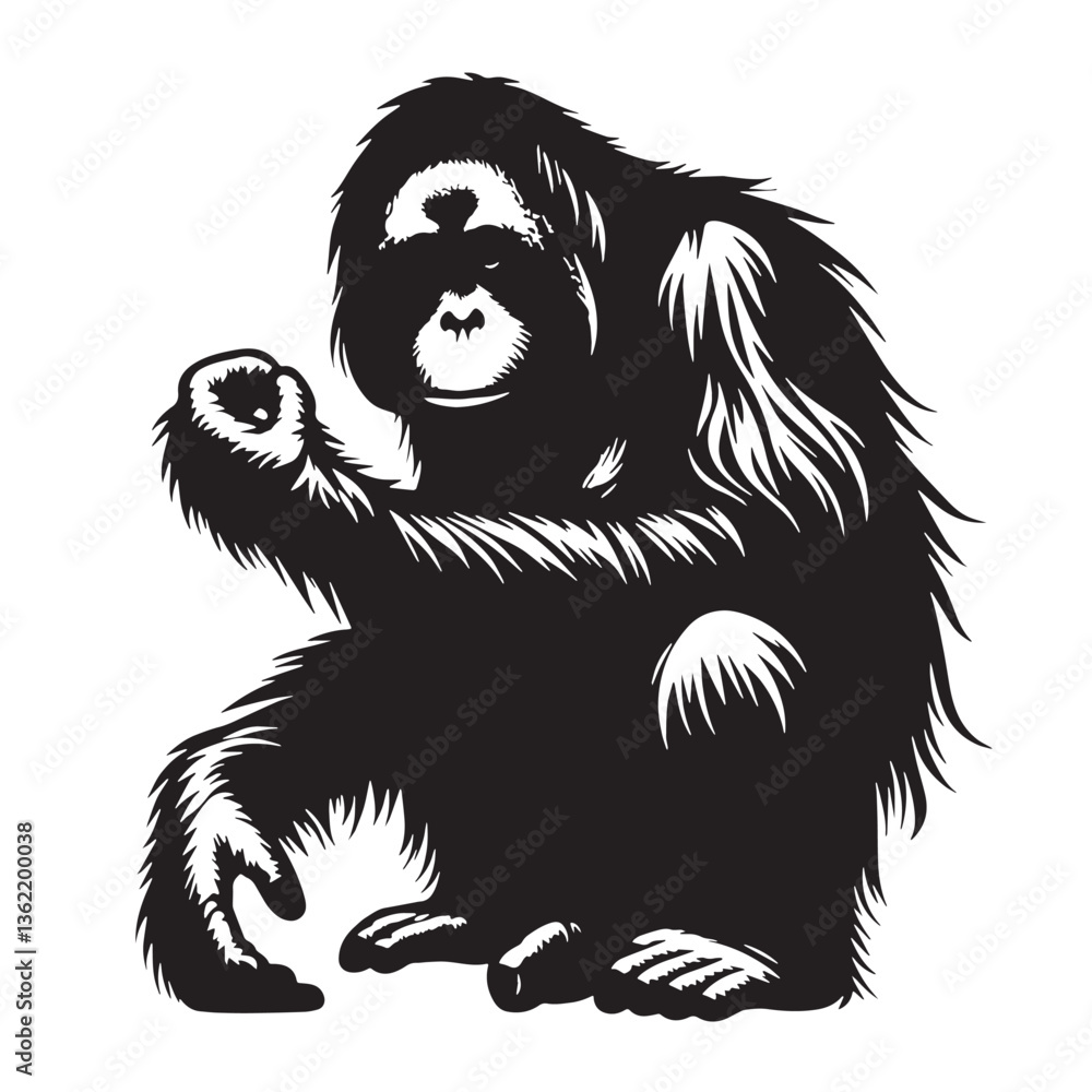 Obraz premium Black Color Orangutan Silhouette Vector Illustration, Solid White Background
