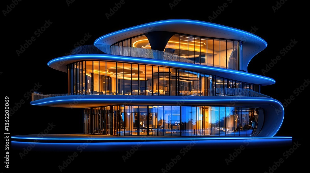 Futuristic Architecture: Night View of a Modern, Luxurious House with Blue Neon Lights Futuristic Architecture: Night View of a Modern, Luxurious House with Blue Neon Lights