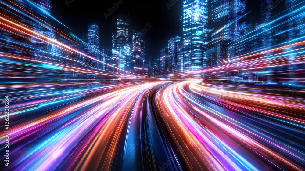 Blurring cityscape with luminous traffic trails rushing through the urban nightscape depicting a futuristic and dynamic metropolitan environment Blurring cityscape with luminous traffic trails rushing through the urban nightscape depicting a futuristic and dynamic metropolitan environment