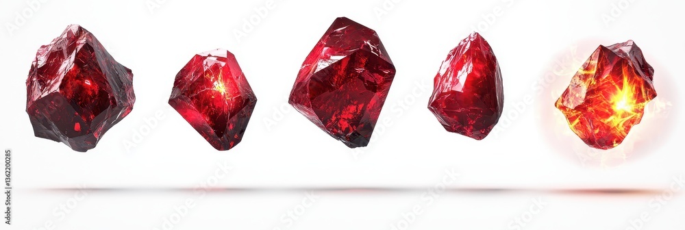 Floating set of raw and polished rubies emitting a fiery radiance on a white background Floating set of raw and polished rubies emitting a fiery radiance on a white background