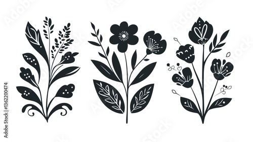 Elegant black floral ornaments in a flat vector design, showcasing intricate patterns and detailed botanical elements. This refined and sophisticated design is perfect for luxury branding, vintage aes