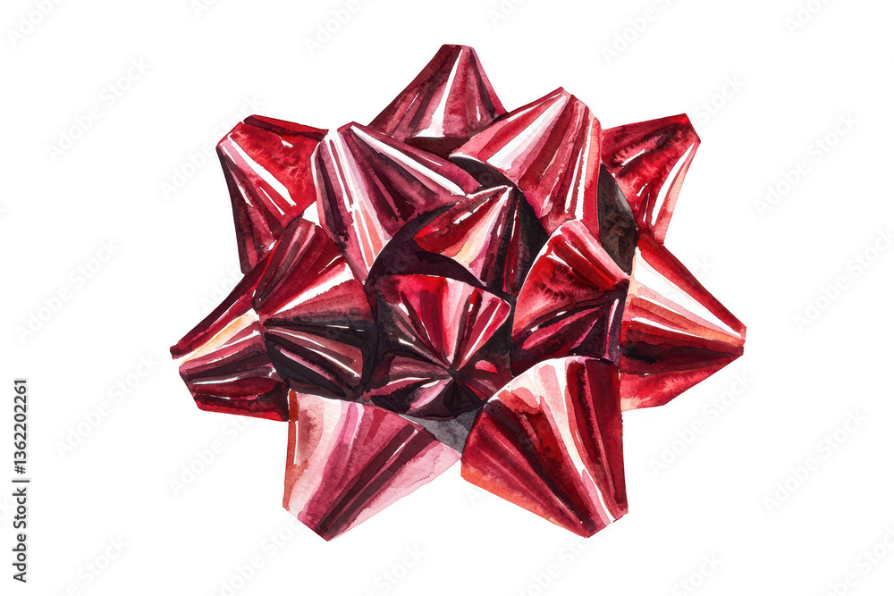 A vibrant red decorative gift bow with glossy, pointed petals arranged in a star-like pattern. A vibrant red decorative gift bow with glossy, pointed petals arranged in a star-like pattern.