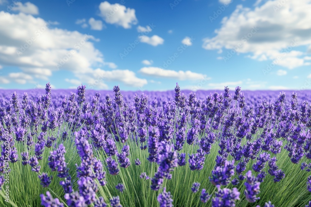 Naklejka premium Lavender field blooms under a bright blue sky with fluffy clouds in springtime