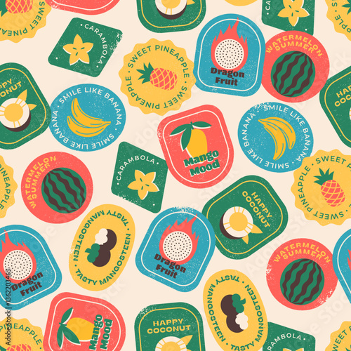 Set of fruit labels and stickers. Seamless pattern.