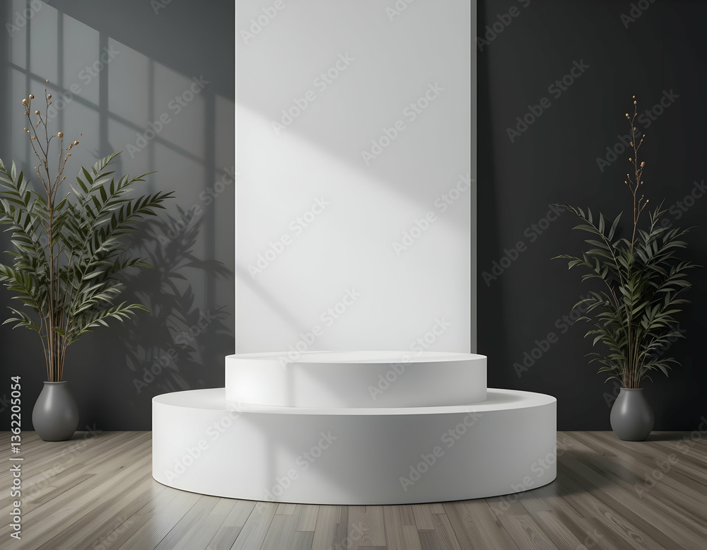 White Product Display Podium with Elegant Plants and Soft Light White Product Display Podium with Elegant Plants and Soft Light