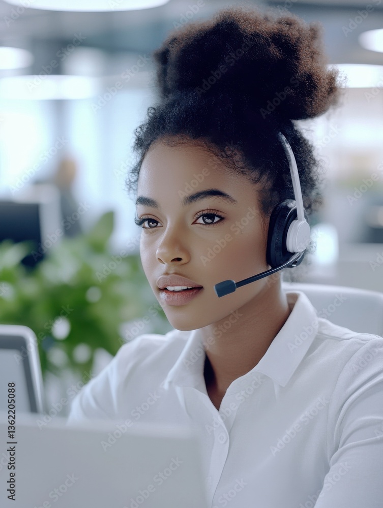 Young operator afro woman agent with headsets working in a call centre call center service. white interior . Young operator afro woman agent with headsets working in a call centre call center service. white interior .