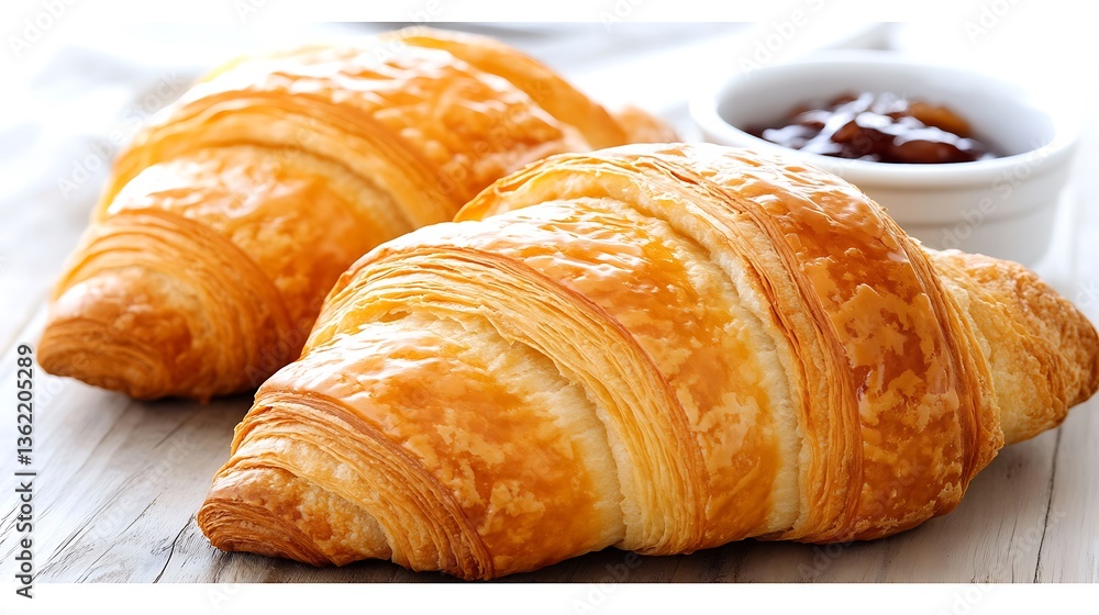 Two golden croissants and jam presented on a light wood table Two golden croissants and jam presented on a light wood table
