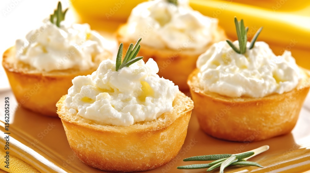 Delicious appetizer cups filled with a creamy and savory dairy topping Delicious appetizer cups filled with a creamy and savory dairy topping