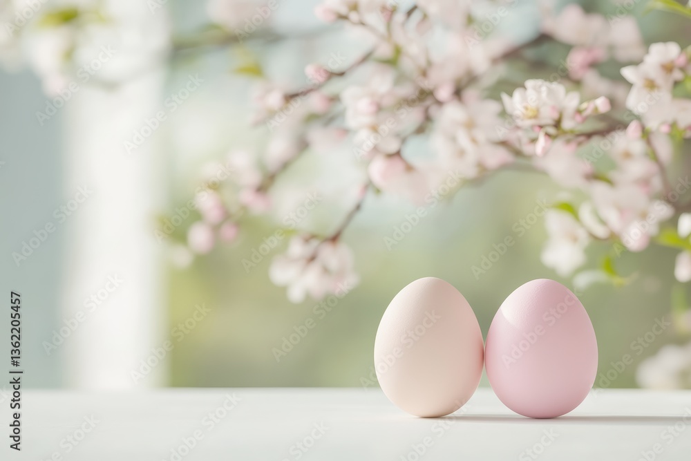 Speckled Pastel Easter Eggs in Wicker Basket with Spring Flowers and Tulips Outdoors in Soft Light