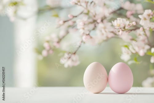 Obraz na płótnie Speckled Pastel Easter Eggs in Wicker Basket with Spring Flowers and Tulips Outdoors in Soft Light w salonie