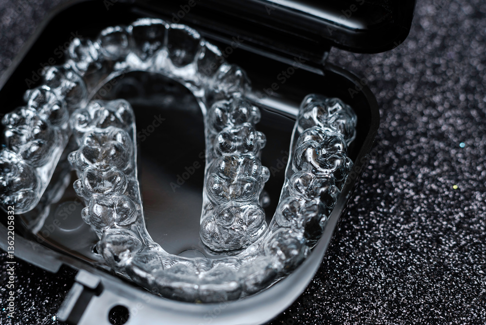 Invisalign transparent aligners rotate in a black container. Plastic removable teeth correction retainers.