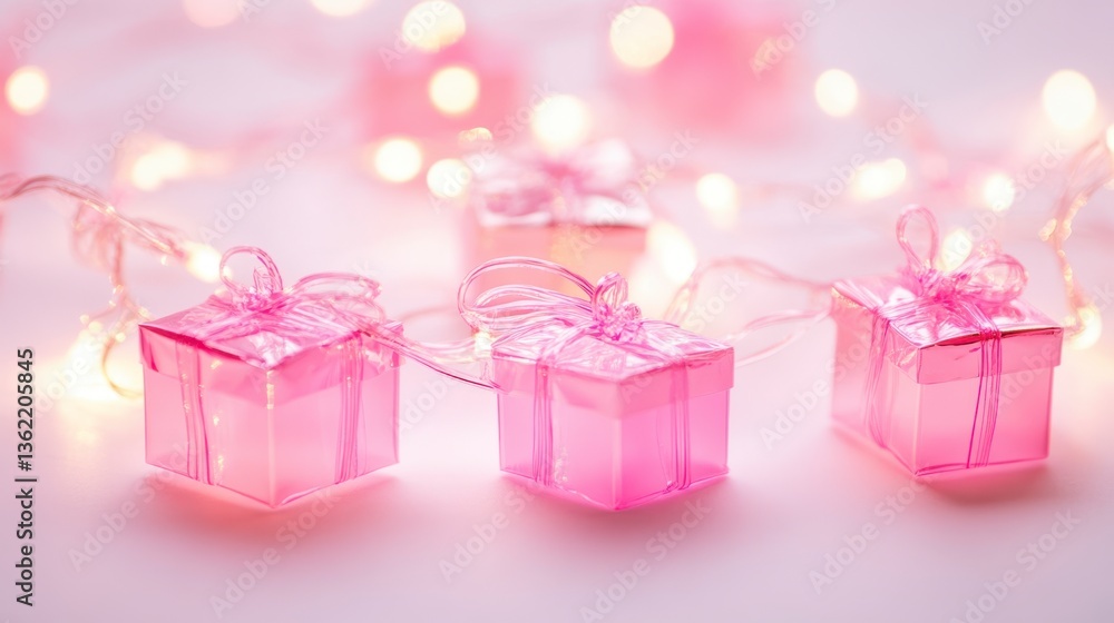 Pink Miniature Gifts with String Lights on White Background Pink Miniature Gifts with String Lights on White Background