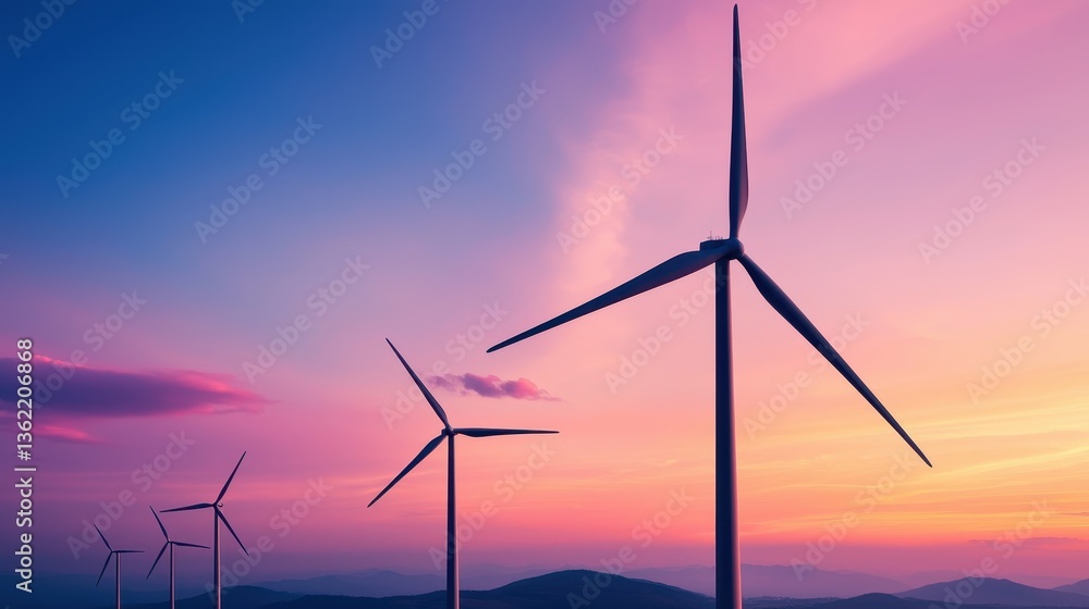 Fototapeta premium Wind turbines against a colorful sunset sky.
