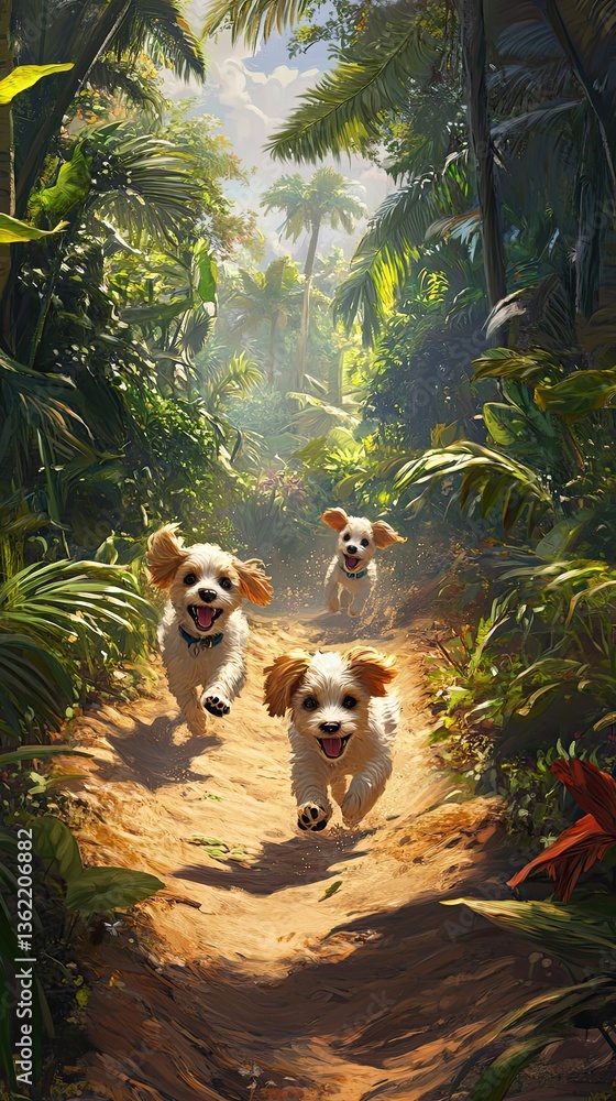Obraz premium Three happy puppies are running on a sunny jungle pathway