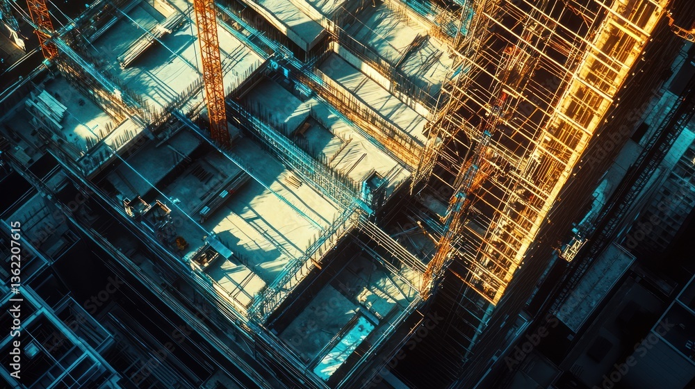 Aerial view of construction site, cranes, scaffolding. Possible use Stock photo for architecture, engineering Aerial view of construction site, cranes, scaffolding. Possible use Stock photo for architecture, engineering