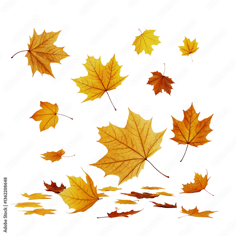 Floating Autumn Maple Leaves, Golden and Brown Colors, Isolated on Black Background Floating Autumn Maple Leaves, Golden and Brown Colors, Isolated on Black Background