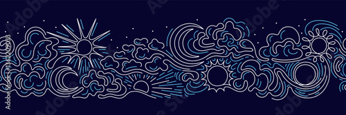 Sun, moon, cloud, blue ocean seamless line pattern