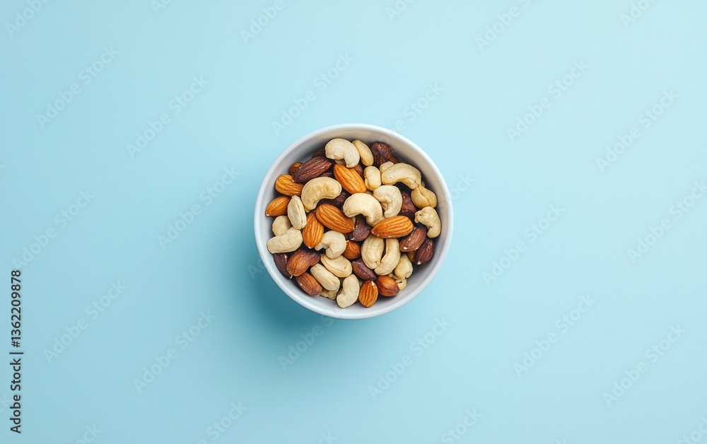 Overhead view of a white bowl filled with a mix of roasted nuts and seeds on a light blue background Overhead view of a white bowl filled with a mix of roasted nuts and seeds on a light blue background
