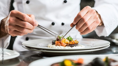Chef plating Michelin star dish with precision tweezers in hand