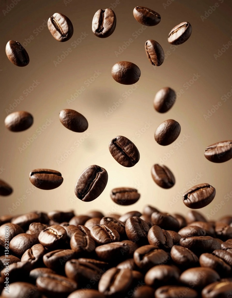 Coffee beans floating above ground against a warm background Coffee beans floating above ground against a warm background