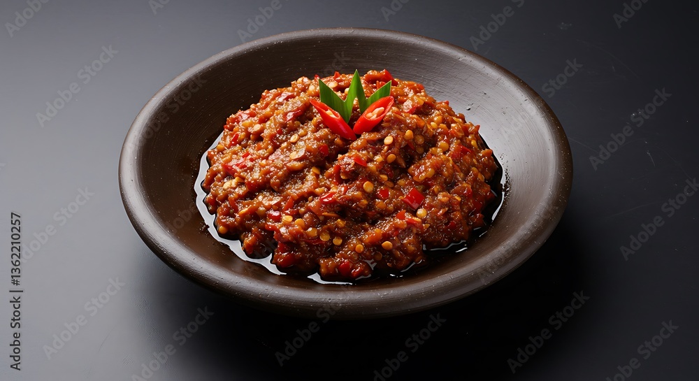 Serving Spicy Sambal Sauce with Red Chilies and Green Garnish in Bowl Serving Spicy Sambal Sauce with Red Chilies and Green Garnish in Bowl