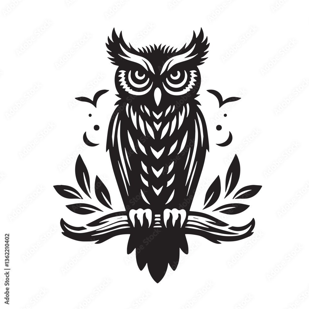Fototapeta premium Black Color Owl Silhouette Vector Illustration, Solid White Background