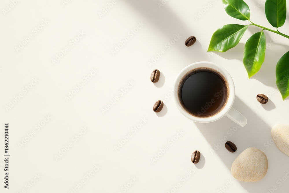 White Coffee Cup with Roasted Beans on Stone Surface in Natural Morning Light Outdoor Setting