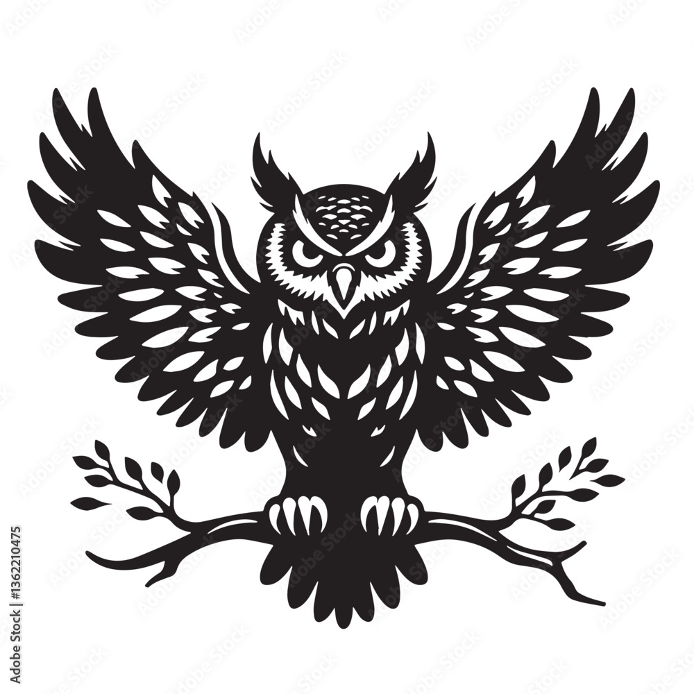 Obraz premium Black Color Owl Silhouette Vector Illustration, Solid White Background