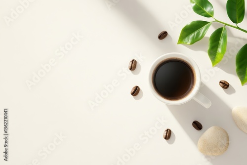 Obraz na płótnie White Coffee Cup with Roasted Beans on Stone Surface in Natural Morning Light Outdoor Setting w salonie