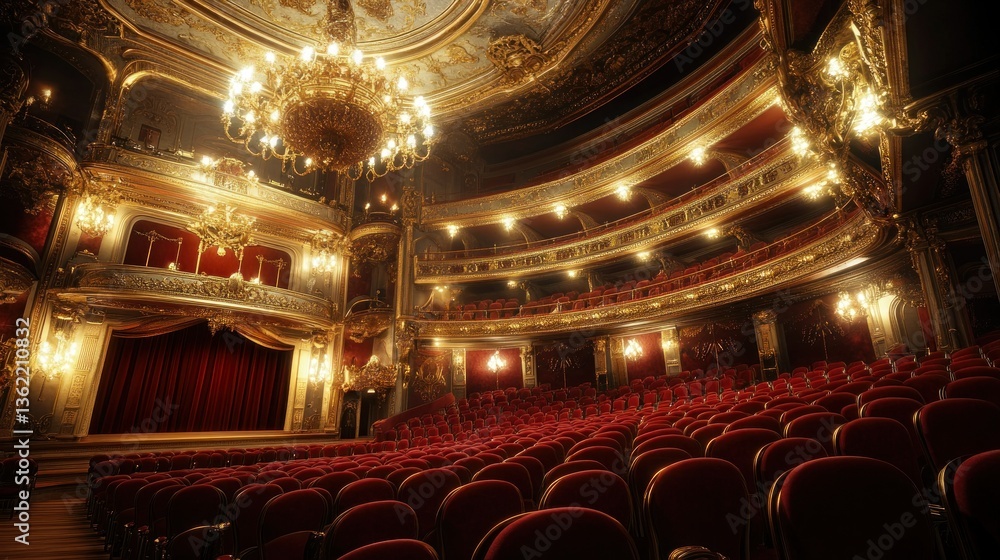 Obraz premium Grand, ornate theater interior, opulent seating, and elaborate design