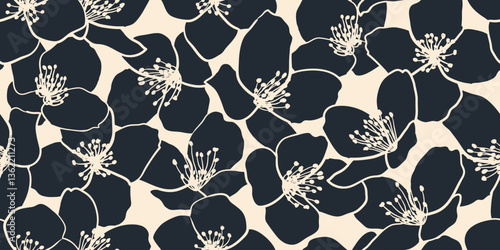 Beautiful jasmine flower seamless pattern in black colors, exotic floral background for summer theme. designed for cover, fabric, textile, wallpaper.