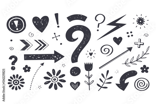 Big vector set of crayon style punk doodles: arrows, hearts, spirals, trees, clouds, scribbled crowns, grungy flowers, houses, swirls, mermaid scales, charcoal sketches, and more