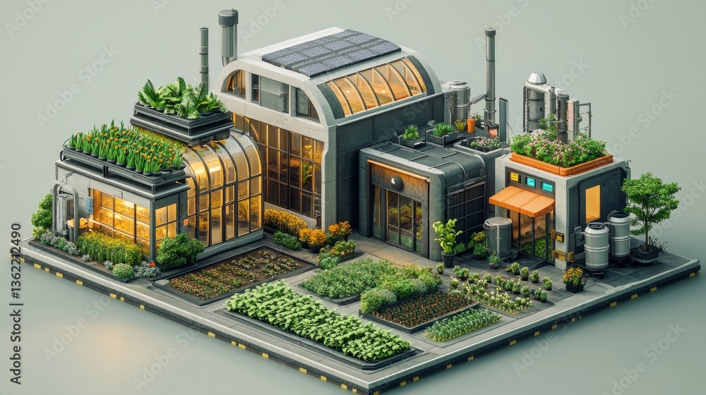 Naklejka premium A modern isometric smart farm with automated greenhouses, sensors for crop monitoring, and vertical farming structures