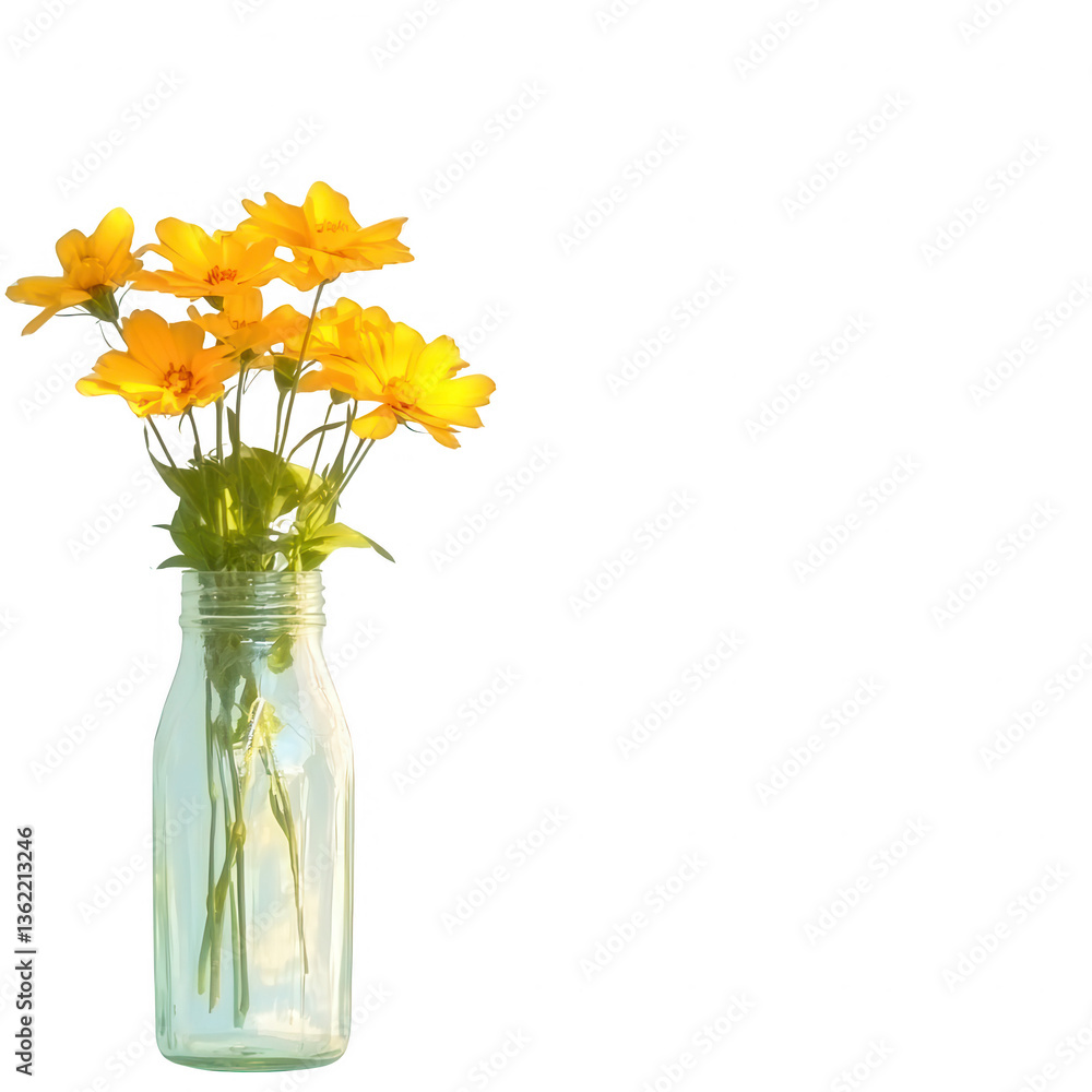 Obraz premium A vibrant bouquet of yellow flowers elegantly arranged in a glass bottle. Ideal for fresh, cheerful, and natural decor themes on a white isolated background.