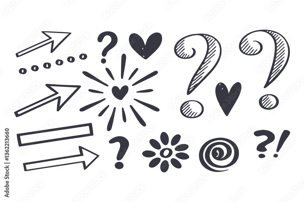 Big vector set of crayon style punk doodles: arrows, hearts, spirals, trees, clouds, scribbled crowns, grungy flowers, houses, swirls, mermaid scales, charcoal sketches, and more Big vector set of crayon style punk doodles: arrows, hearts, spirals, trees, clouds, scribbled crowns, grungy flowers, houses, swirls, mermaid scales, charcoal sketches, and more