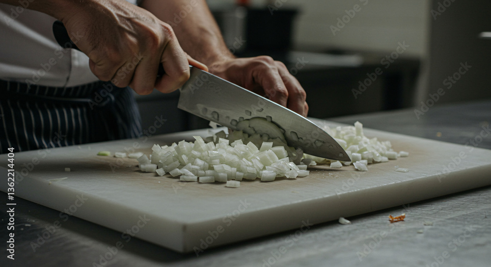 Chef hands using a stainless steel knife cutting diced white onions on a white cutting board in a professional kitchen Chef hands using a stainless steel knife cutting diced white onions on a white cutting board in a professional kitchen