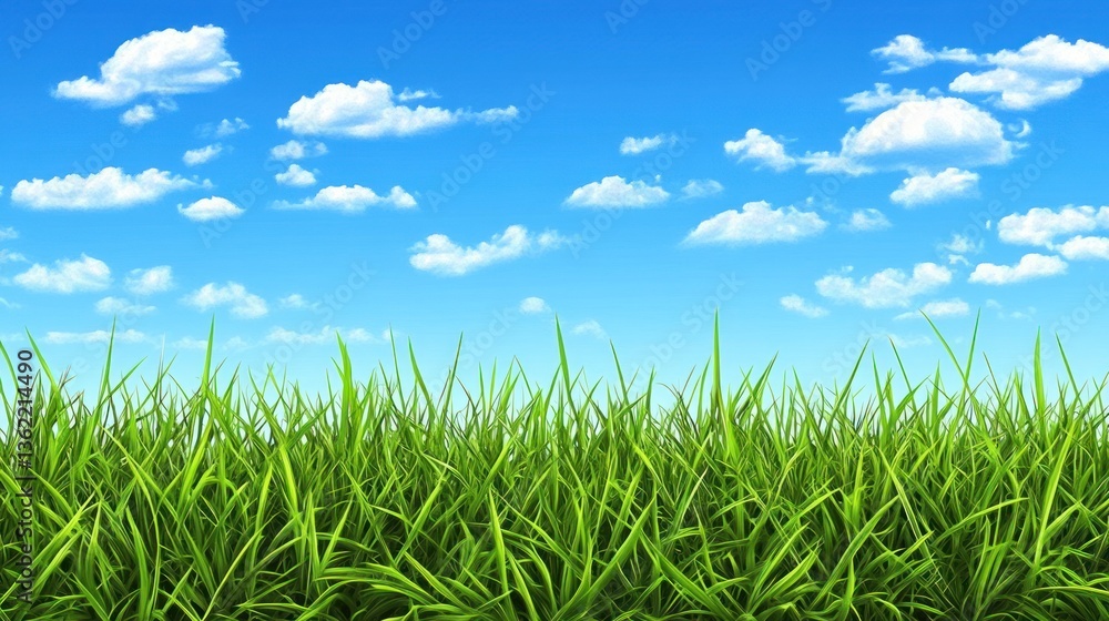 Fototapeta premium Lush green grass field meets a vibrant blue sky dotted with fluffy white clouds.
