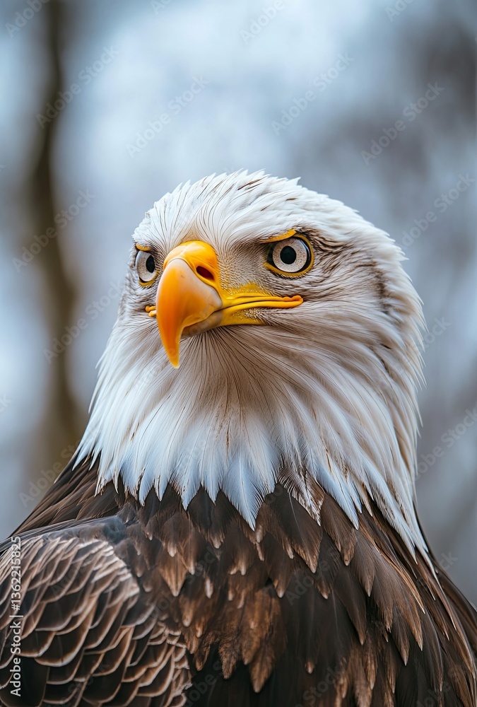 Fototapeta premium Close-up shot of a bald eagle's head with piercing eyes staring directly at the camera, sharp detail and natural textures, set against a softly blurred sky background in professional animal photograph