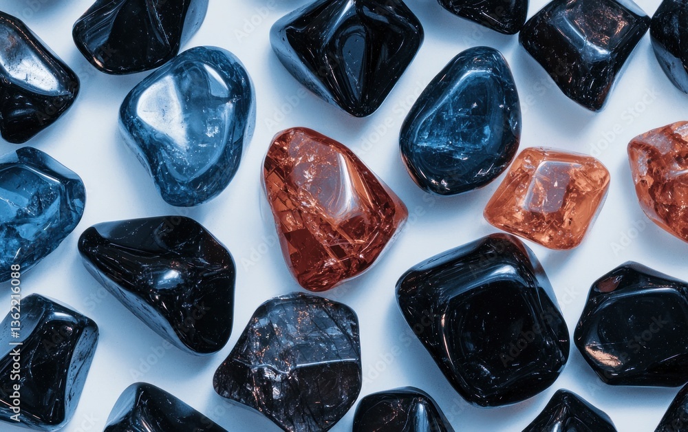 Collection of polished, dark-colored stones with hints of orange and blue, arranged on a light blue background. The image features a variety of shapes and sizes, creating a textured and visually Collection of polished, dark-colored stones with hints of orange and blue, arranged on a light blue background. The image features a variety of shapes and sizes, creating a textured and visually
