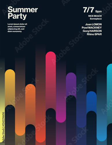 Summer Party Poster Template with Gradient Stripes Event flyer, leaflet, banner. Editable, printable eps10 vector. Minimal illustration