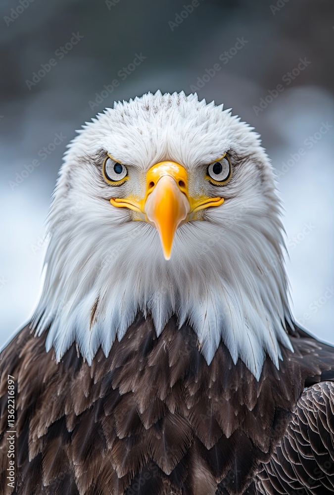 Obraz premium Close-up shot of a bald eagle's head with piercing eyes staring directly at the camera, sharp detail and natural textures, set against a softly blurred sky background in professional animal photograph