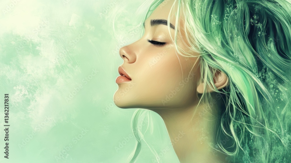 A stunning profile of a young woman with light skin and green translucent hair, exuding elegance and serenity. The smooth features highlight her captivating beauty. illustration A stunning profile of a young woman with light skin and green translucent hair, exuding elegance and serenity. The smooth features highlight her captivating beauty. illustration
