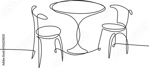 Garden chairs and table in continuous line art drawing style. Classic style dining room furniture black linear sketch isolated on white background. Vector.
