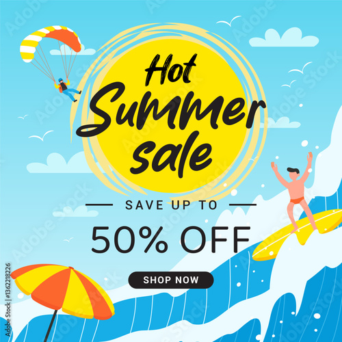 Hot Summer Sale vector illustration. Paragliding and surfing activities