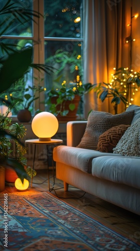 Cozy living room corner, warm lighting, plants, and window view